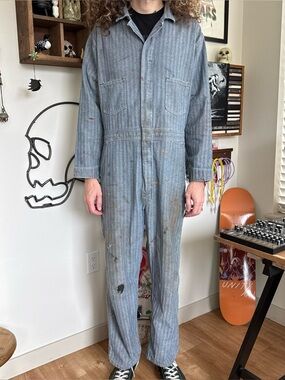 Vintage 70s Key Herringbone Twill Distressed Workwear Coveralls ~ Size Large